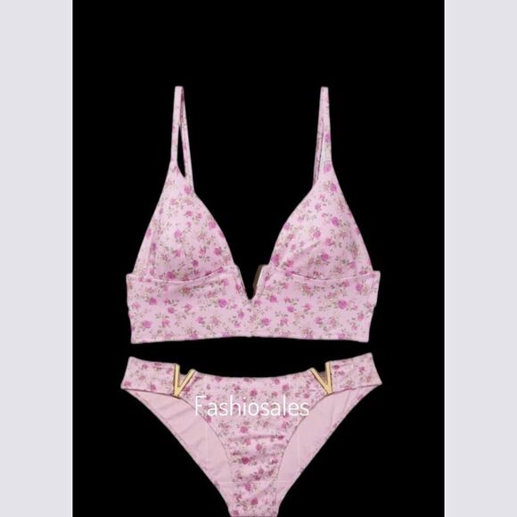 Victorias Secret Swim V-Hardware Padded Bikini Top & bottom Set Ditsy pink L - Picture 6 of 10